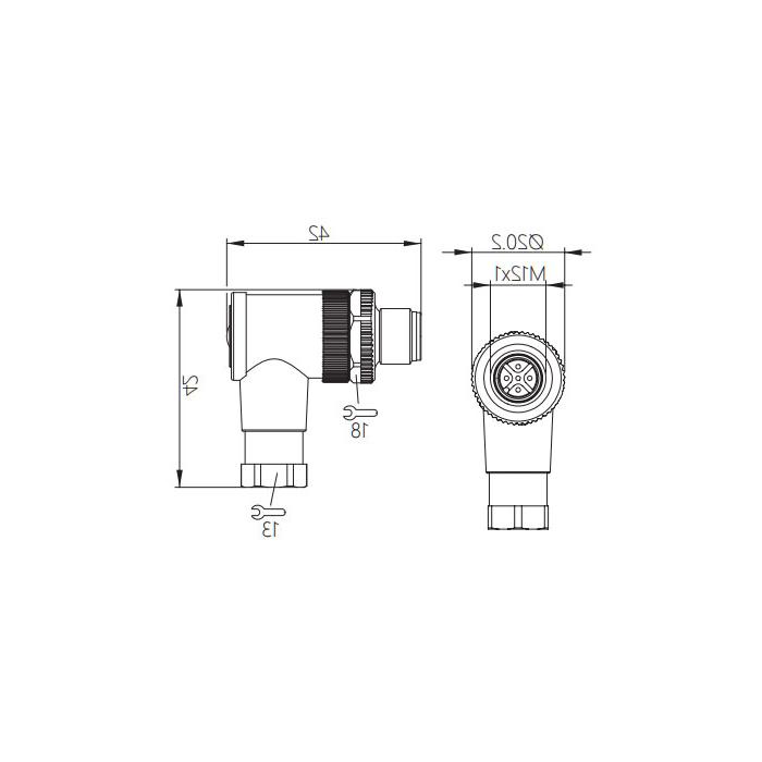 M12 5Pin, male 90°, screw connection, metal shield, 64F581