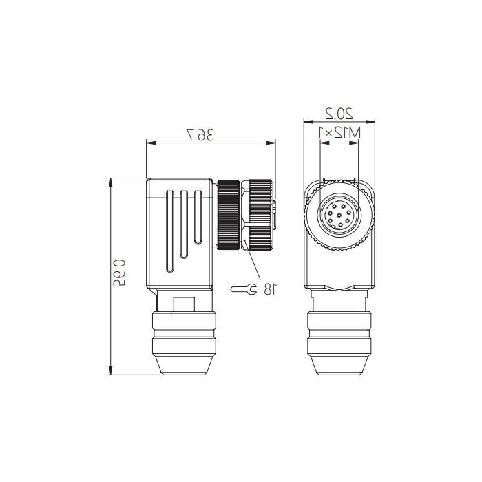 M12 8Pin, female 90°, screw connection, metal shield, 64F641 